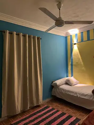 a bedroom with a bed and a ceiling fan at SolNest Guest House in Jazīrat Aswān