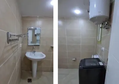 two pictures of a bathroom with a sink and a toilet at Bay View Sahl Hasheesh Chalet in Hurghada