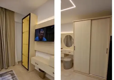 two pictures of a bathroom with a tv and a mirror at Bay View Sahl Hasheesh Chalet in Hurghada