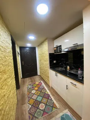 a kitchen with a black door and a kitchen rug at فلورينزا الخمسين in Hurghada