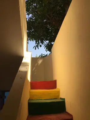 a group of colorful stairs with a tree in the background at Gana kato in Aswan