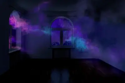 a dark room with an arched window and purple lights at الجيار in Qena