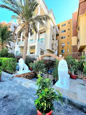 two white statues in front of a building at The White Lions Villa in Hurghada