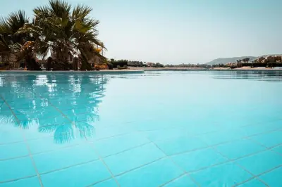 a blue swimming pool with a palm tree in the background at Nayah Stays, Cozy lagoons terrace one ensuite Apt in Hurghada