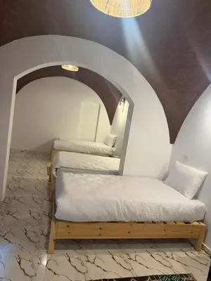 two beds in a room with an arched ceiling at ASKALEIH Nubian Guest House in Aswan