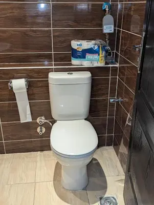 a white toilet in a bathroom with wooden walls at Studio Apartment Flourenza Hurghada in Hurghada