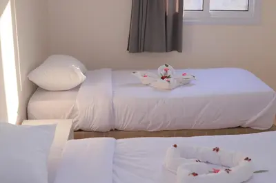 two beds with white sheets and a bowl of flowers on them at King Nile Luxor in Luxor
