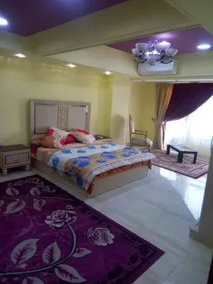a bedroom with a large bed and a purple rug at الاقصر in Luxor
