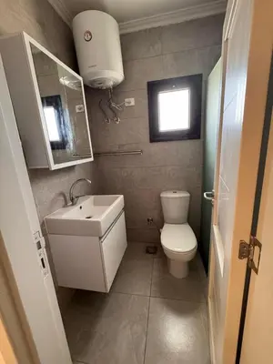 a bathroom with a toilet and a sink and a mirror at 201 Aqua Blue Bay in Hurghada