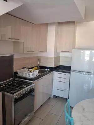 a kitchen with a sink and a stove and a refrigerator at Modern simple apartment with roof in Hurghada