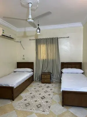 a bedroom with two beds and a rug at شقة ايلا ترافيل in Luxor