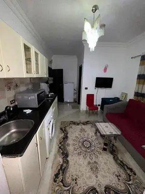 a kitchen with a sink and a living room at cleopatra resort in Hurghada