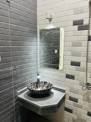 a bathroom with a stone sink with a mirror at Twins Villa Luxor in Luxor