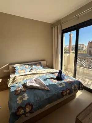 a bedroom with a bed with a cat sitting on it at 3 bedrooms penthouse with sea view in Hurghada