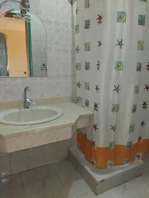 a bathroom with a sink and a shower curtain at Ramsess Hotel in Luxor