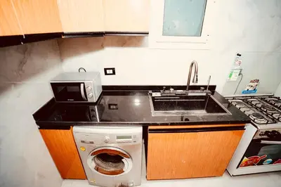 a kitchen with a sink and a washing machine at signature house Luxor in Luxor