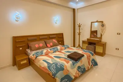 a bedroom with a bed and a mirror at Omar Apartment in Luxor