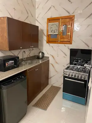 a small kitchen with a stove and a sink at Luxe Nest Luxor Serviced Apartments 301 in Luxor