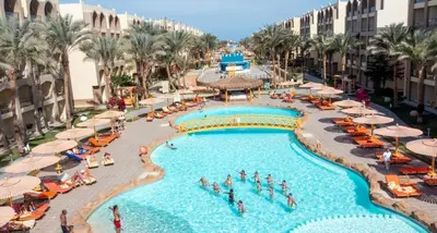 an overhead view of a pool at a resort at katakitu in Hurghada