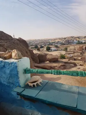 a turtle sitting on top of a blue table at Seheil Antique House in Jazīrat Salūjah