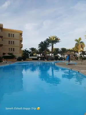 a large blue swimming pool with palm trees in the background at Palma Resort Apartments and Suites with Private Beach in Hurghada