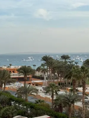 a view of a resort with palm trees and the ocean at Touristic centre beach2 in Hurghada