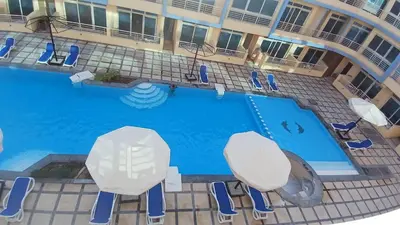 an overhead view of a swimming pool on a hotel at Mirage bay aquapark and resort 110 C minaland in Hurghada