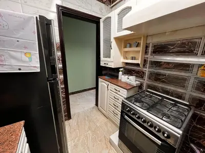 a kitchen with a stove and a refrigerator at Large Nile View apartment 2 Rooms Air-con Downtown in Aswan