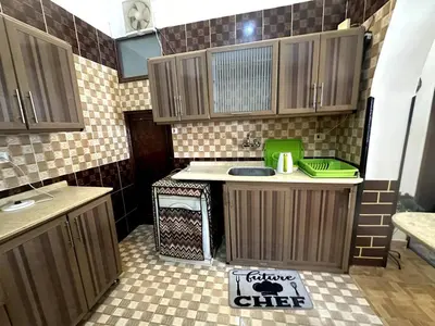 a small kitchen with wooden cabinets and a stove at Garden Level Oasis Near Nile in Luxor