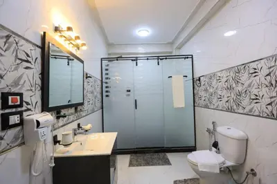 a bathroom with a shower and a toilet and a sink at Elbakry Hotel Luxor in Luxor