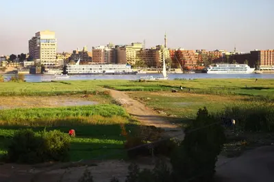 a field with a city and a river with a cruise ship at Nile Flower Guesthouse in Luxor