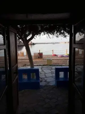 a view of a tree and a lake from a doorway at فندق اجيليكا in Aswân Reservoir Colony