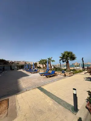 a row of blue lounge chairs on the beach at Casablanca Star Hotel, Hurghada in Hurghada