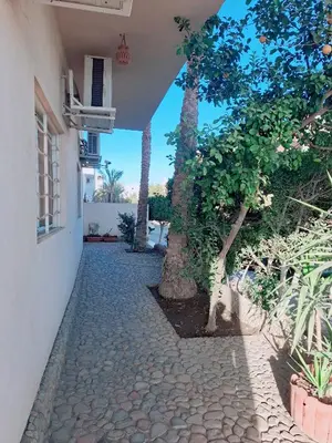 a stone walkway next to a building with trees at Hurghada Resort in Hurghada