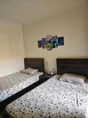 two beds in a room with paintings on the wall at الكوثر المنتجع البريطاني البريتش ريزورت in Hurghada