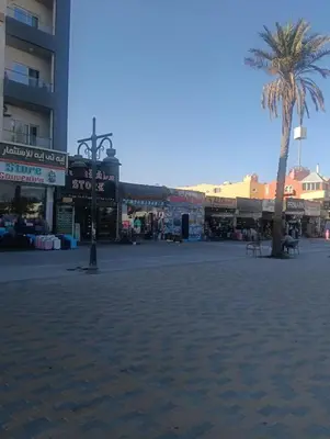 a city square with a palm tree and buildings at Sea view Hotel Apartment in center in Hurghada