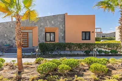 a house with a palm tree in front of it at Wonderful Holiday Home in Stunning Soma Bay in Hurghada