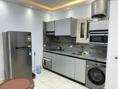 a kitchen with a refrigerator and a sink and a dishwasher at Turtles Beach Resort in Hurghada in Hurghada