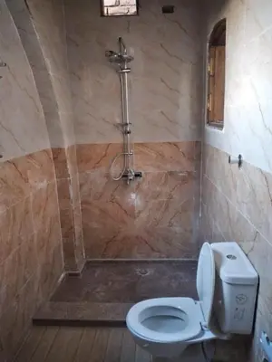 a bathroom with a toilet and a shower at Nileview Terrace Dome Apartment in Luxor