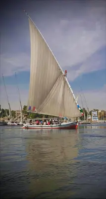 a boat with a large white sail on the water at Shifaya House in Aswan