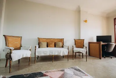a living room with two chairs and a tv at The Golden House on the Avenue of Sphinxes in Luxor