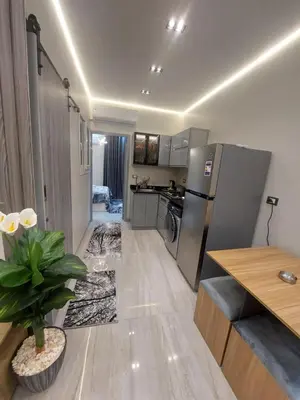 a kitchen with a stainless steel refrigerator and a counter at Solitaire in Hurghada