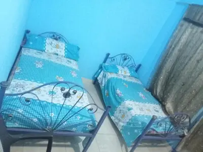 two twin beds in a room with blue walls at The authentic Egyptian house in ‘Ezbet Abu Ḥabashi