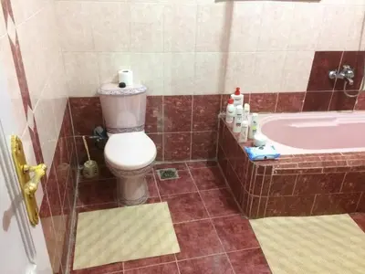 a bathroom with a toilet and a bath tub at Sphinx in Al Karnak