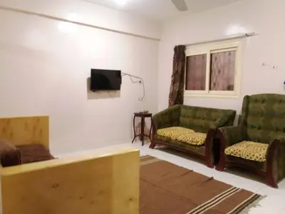 a living room with two green chairs and a flat screen tv at D Guest house in Nag` el-Ramla