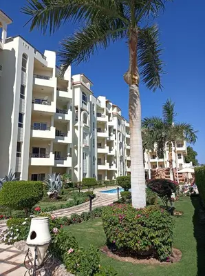a palm tree in front of a building at All View Apartements, Sahl Hasheesh, El Andalous in Hurghada