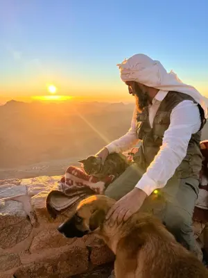 a person sitting on a rock with a dog at Saray el omda wellness &retreat village in Al Karnak