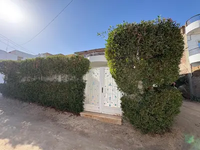 a fence with a white gate and some bushes at In Luxor in Luxor