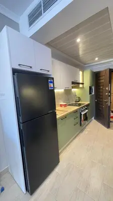 a kitchen with a black refrigerator and green cabinets at Luxury apartment pool view in Hurghada