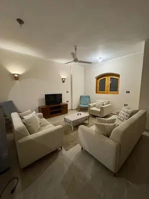 a living room with two couches and a tv at Pharaohs Apartments - Panoramic Fourth Floor Apartment in Luxor